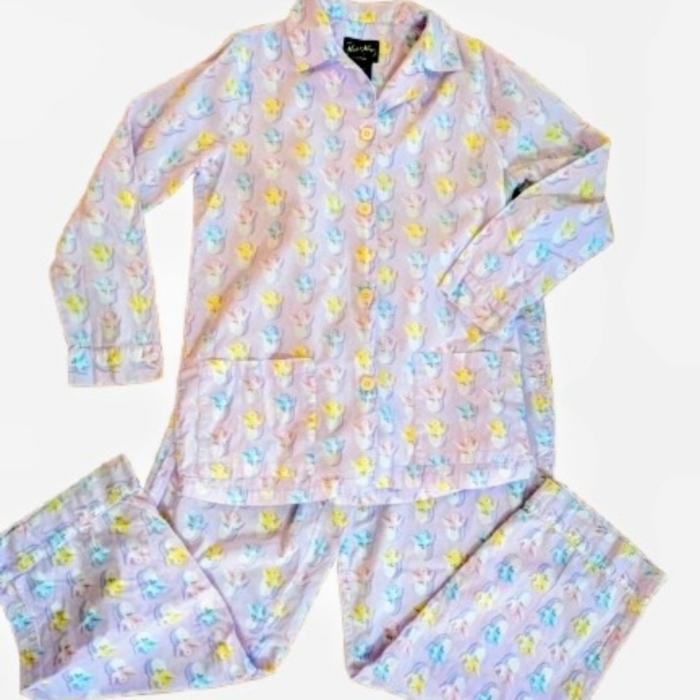Nick and Nora Pajama Set Chicks Eggs Lavender Pastel 100% Cotton Size Sm